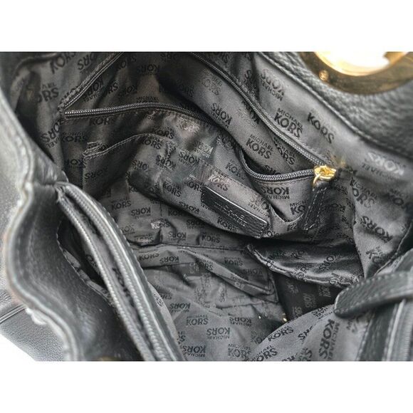 Michael Kors Black Leather Tote Bag With Gold MK Logo & Multiple Pockets - Picture 3 of 11